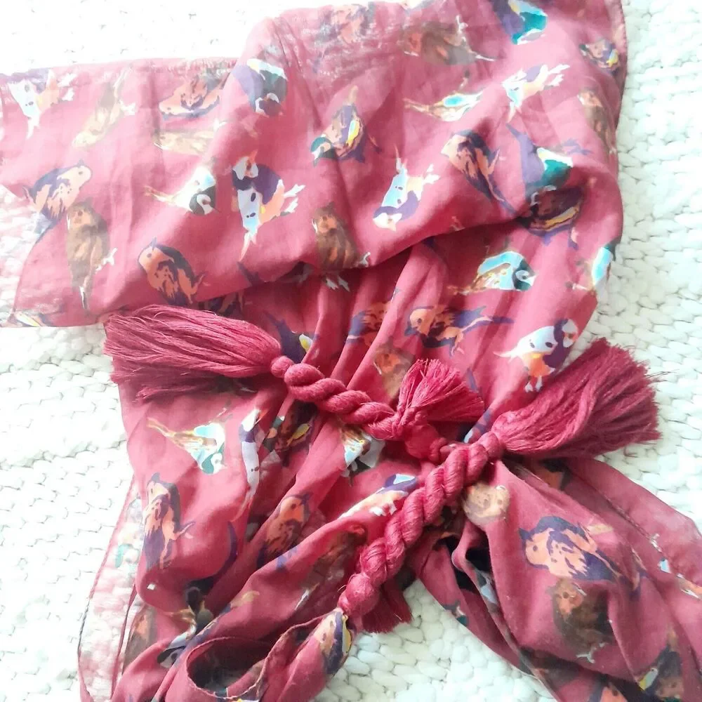 Head and Neck Scarf Novelty Print Bird Braid Tassels Contemporary